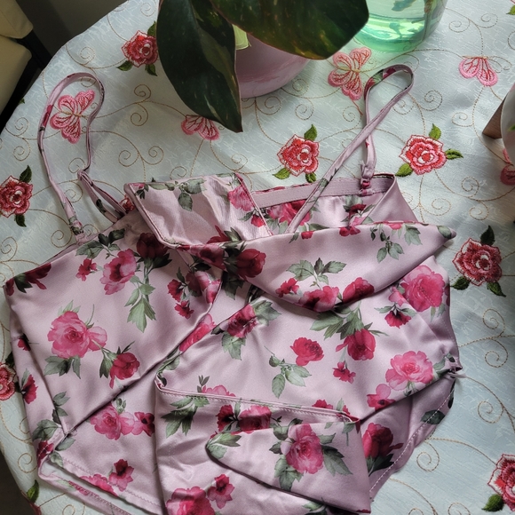 pink green floral print handkerchief tie back tank crop top small - Picture 8 of 10